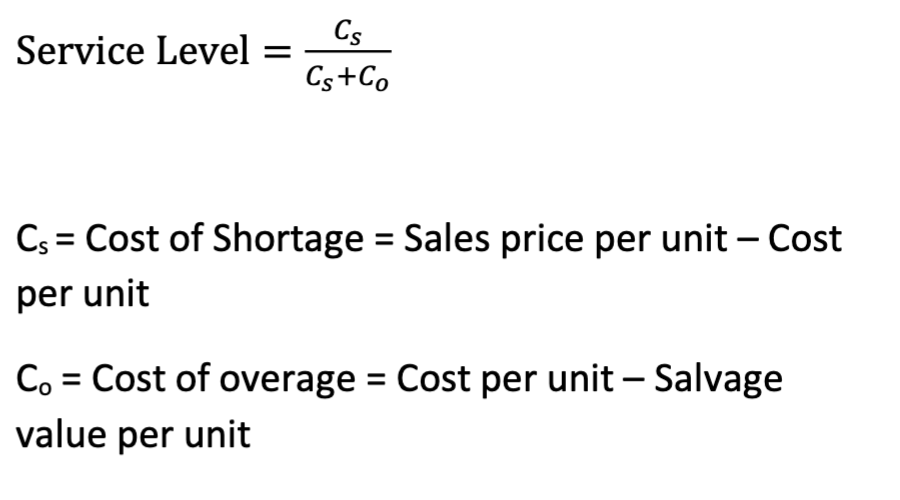 <p>Only <em>one</em> order is placed for a product</p><ul><li><p>Units have little or no value at the end of the sales period</p></li></ul><p>C<sub>s</sub> = Cost of shortage = Sales price/unit - Cost/unit<br>C<sub>o</sub> = Cost of overage = Cost/unit - Salvage value</p><p>Service level = C<sub>s</sub> / (C<sub>s</sub> + C<sub>o</sub>)</p><p></p>