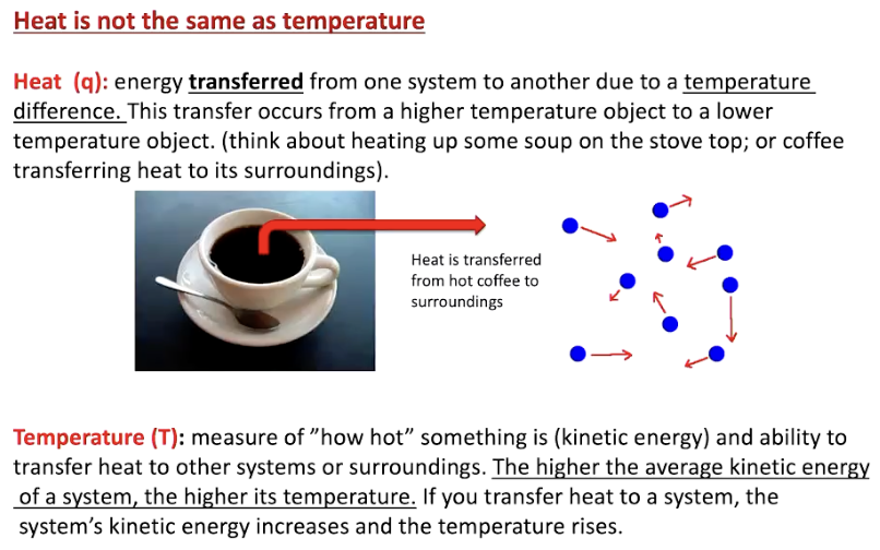 <p>heat: quantifiable energy</p><p>temp: measure of how hot smth it (kinetic energy)</p><ul><li><p>eg. both larger and smaller coffee has same temp but larger coffee has more heat</p></li></ul><p></p>