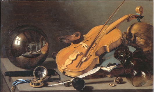 <p>Pieter Claesz 1630s Oil on panel vanitas painting, memento mor</p><p>Dutch Golden Age symbolism </p><p>Skull → death</p><p>Extinguished candle → life ending</p><p>Clock/watch → time passing</p><p>Books/instruments → knowledge and pleasure are temporary</p><p>Food/glass → fragility and decay</p><p></p>