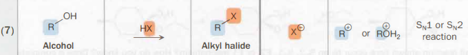 <ul><li><p>H—X</p><ul><li><p>A halogenous acid</p></li></ul></li><li><p>S<sub>N</sub>1 or S<sub>N</sub>2</p></li></ul><p></p>