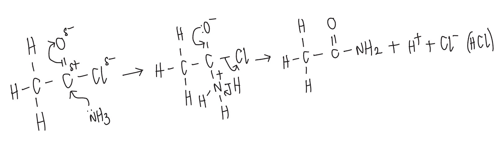 <ul><li><p><strong>Nucleophilic addition-elimination</strong></p></li><li><p><strong>Reagent: </strong>NH<sub>3</sub></p></li><li><p><strong>Conditions: </strong>low temperature & excess NH<sub>3</sub></p></li></ul><p></p>