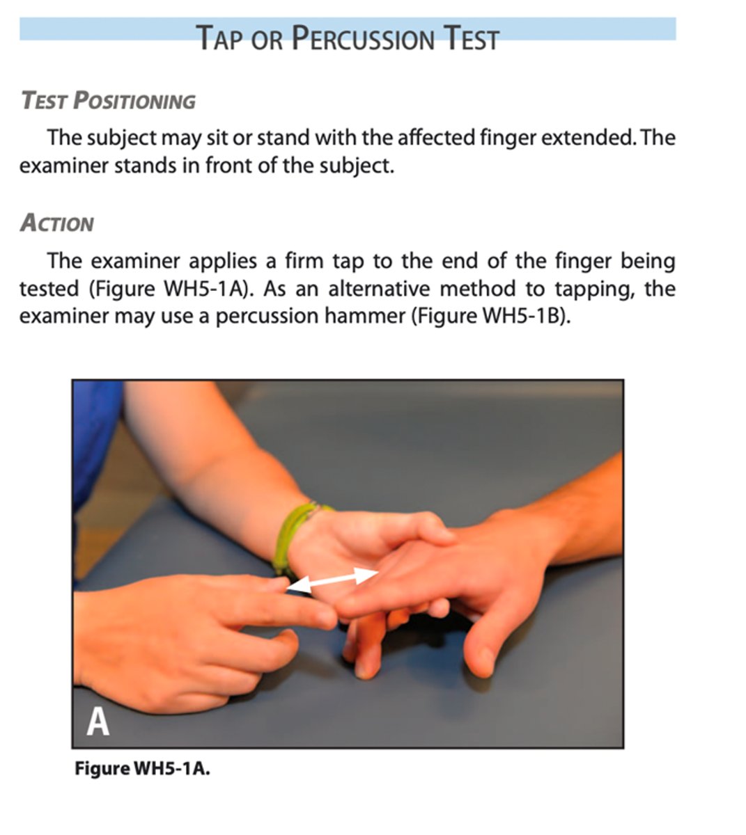 <p>Patient sitting/standing with forearm resting on table &amp; affected finger extended</p><p>--examiner taps end of finger </p><p>Positive Test = Fracture</p><p>--pain at the injury site</p>