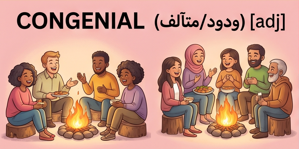 <p>1. (of a person) pleasing or liked on account of having qualities or interests that are similar to one's own.</p><p>2. (of a thing) pleasant or agreeable because suited to one's taste or inclination.</p>