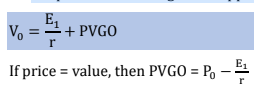 <p>• present value of the company with no growth component and</p><p>• present value of growth opportunities.</p>