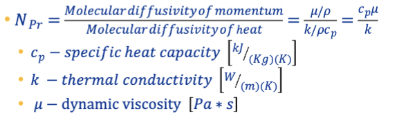 <p>relative thickness of the velocity and thermal boundary layers; a dimensionless quantity that correlates the viscosity of a fluid with its thermal conductivity, assessing the relationship between momentum transport and thermal transport capacity.</p><p>0.5 ≤ Pr ≤ 1 for gases</p><p>2 ≤ Pr ≤ 10<sup>4 </sup>for liquids</p>