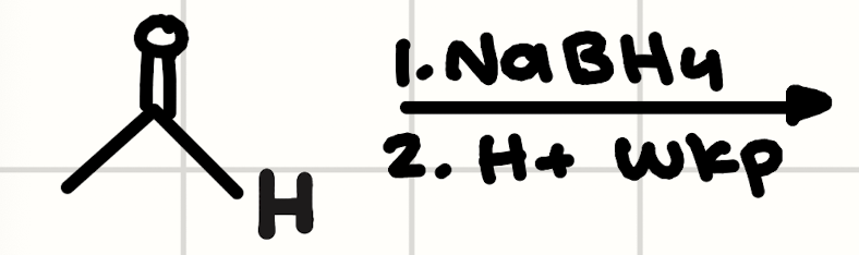 <p>(Aldehyde) (1. NaBH4 2. H+ wkp)</p>