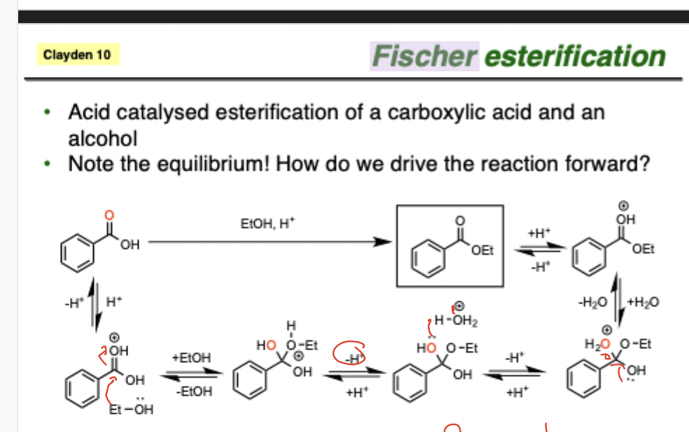 <ol><li><p>Aldol reaction (Add H+)</p></li></ol><p></p><ol start="2"><li><p>Nucleophilic attack </p></li></ol><p></p><ol start="3"><li><p>Tetrahedral intermediate</p></li></ol><p></p><ol start="4"><li><p>Deprotonate the r group</p></li></ol><p></p><ol start="5"><li><p>Cause leaving group through hydronoim</p></li></ol><p></p><ol start="6"><li><p>Deprotonate to remove central hydrogen</p></li></ol><p></p><p></p><p></p>