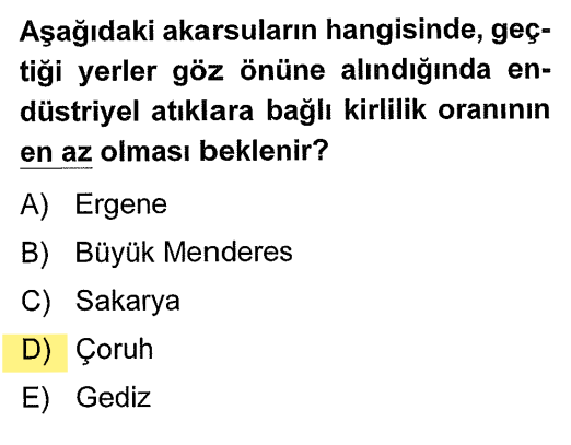<p>Ergene, Sakarya, Gediz ve Büyük Menderes sanayinin çok gelişmiş olduğu (Marmara ve Ege) bölgelerden geçer. Çoruh ise Doğu Karadeniz'in sarp dağları arasındadır ve çevresinde sanayi azdır.</p>