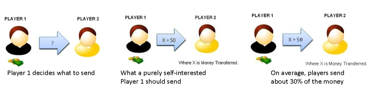 <p>Player 1 decides how much money they should send to player 2, on average they send around 30% </p>