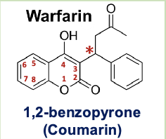 <ul><li><p><strong>coumarin derivative</strong></p></li><li><p><strong>racemic mixture: S is more potent than R</strong></p></li><li><p><strong>MOA: competitively inhibits VKORC1 limiting production of carboxylated vitamin K dependent blood clotting factors</strong></p></li><li><p><strong>pharmacophore: 1,2 benzopyrone</strong></p></li><li><p>indications for use: treating blood clots, preventing stroke</p></li></ul><p></p>
