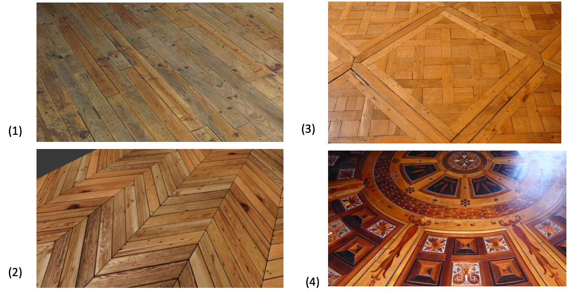 <ol><li><p>parquet simple </p></li><li><p>parquet en chevrons (parquet en points de Hongrie) </p></li><li><p>parquet de Versailles (panneaux carres, ls pieces sont assemblees sans clou, sans colle, ils sont chevillees) </p></li><li><p>parquet en marqueterie (mosaique de bois) </p></li></ol><p></p>