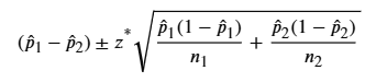 <p>A two-proportion \(z\)-interval estimates the difference between two population proportions, p1 - p2, using sample data.</p>