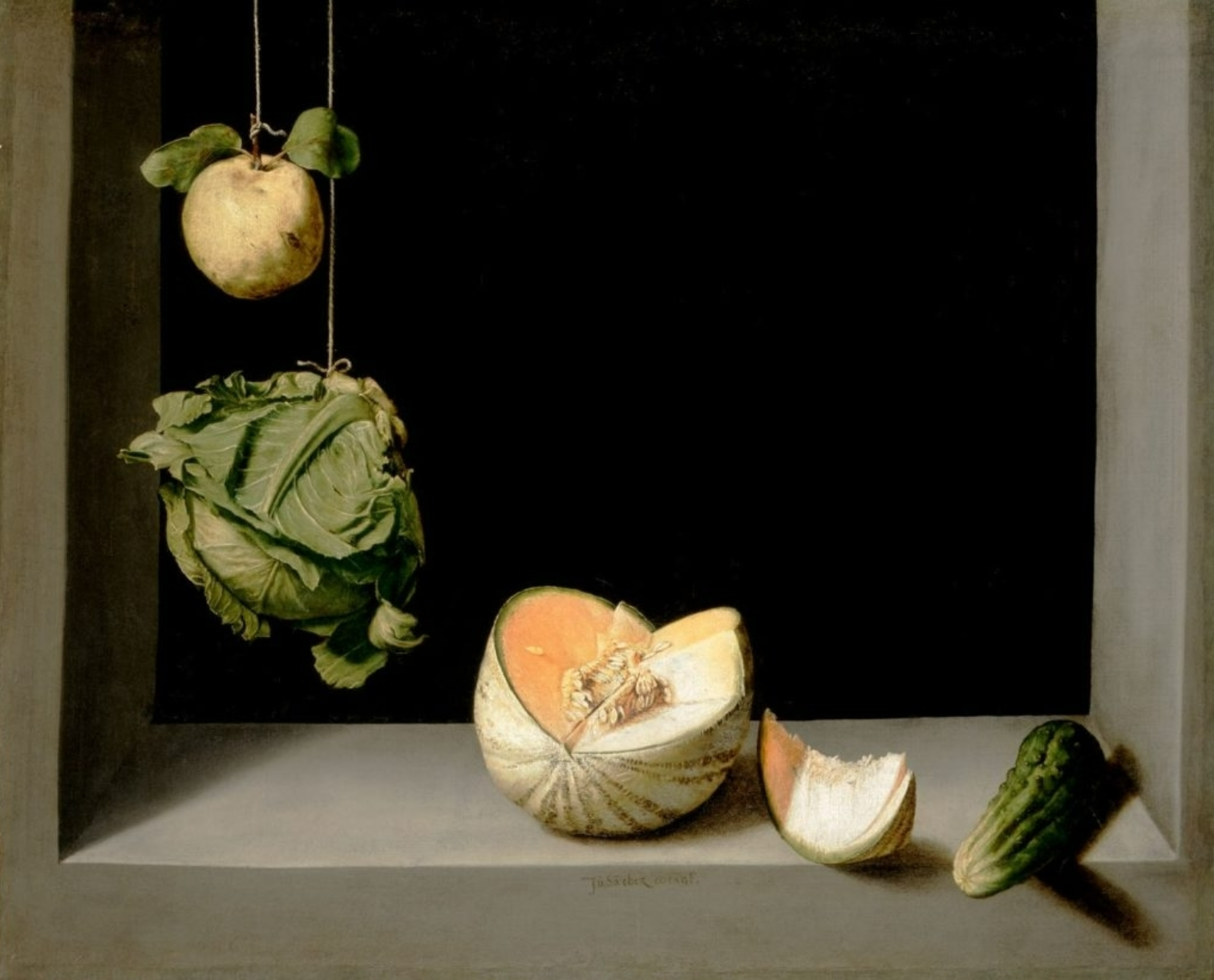 <ul><li><p><span style="font-family: "Times New Roman"; line-height: normal; font-size: 7pt;">&nbsp;&nbsp; </span>Still life, is a genre, a type of image we are looking at, we are looking at purposeful arrangement of objects, typical without people, sometimes symbolic, classic still life is a bowl of fruit or flowers.</p></li></ul><p></p><p>(Juan Sánchez Cotán, Still life with quince, melon and cucumber)</p>