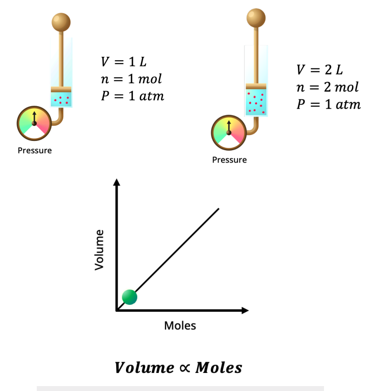 <p>V<sub>𝟣</sub> / n<sub>𝟣</sub> = V<sub>𝟤</sub> / n<sub>𝟤</sub></p><p>volume (L) and moles (mol) are directly proportional under constant pressure and temperature</p>