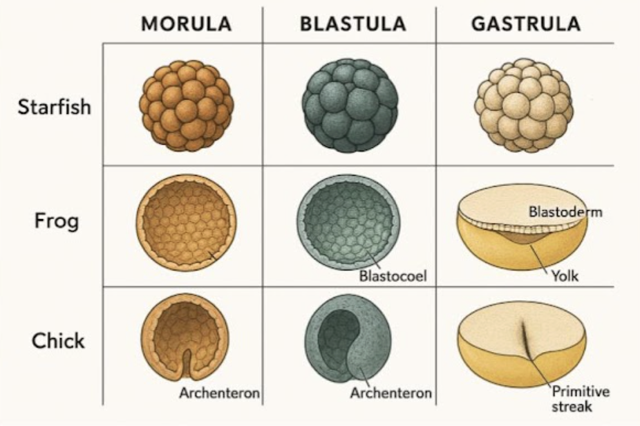 <p><span style="line-height: 1.5;">64. Observe the image below. Which statement correctly compares the morula, blastula, and gastrula stages in starfish, frogs, and chicks?<br></span></p><p><span style="line-height: 1.5;">A. The morula stage in all three organisms consists of a solid ball of cells, while the blastula stage introduces a cavity (blastocoel) in starfish and frogs but not in chicks.</span></p><p><span style="line-height: 1.5;">B. The gastrula stage in chicks is characterized by the formation of the primitive streak, whereas in starfish and frogs it involves archenteron development.</span></p><p><span style="line-height: 1.5;">C. In frogs, the blastula contains a large yolk and no blastocoel, unlike starfish and chicks.</span></p><p><span style="line-height: 1.5;">D. Both A and B are correct</span></p>