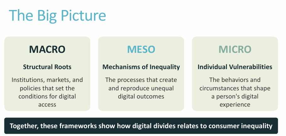<ul><li><p>Macro: structural roots (institutions, markets, policies set the conditions for digital access)</p></li><li><p>Meso: mechanisms of inequality (processes that create/reproduce unequal digital outcomes)</p></li><li><p>Micro: individual vulnerabilities (behaviours/circumstances that shape a person’s digital experience)</p></li></ul><p></p>