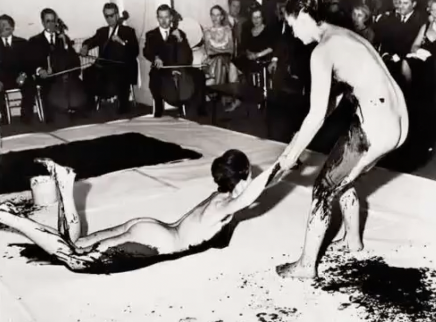 <ol start="1960"><li><p>Nude models used as “living brushes” to imprint bodies on canvas; critiques authorship and masculinity.</p></li></ol><p></p>
