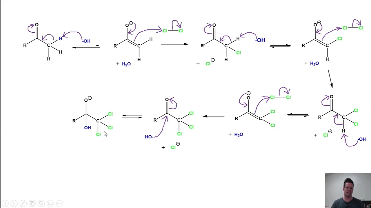 <p>Carbon is given a ton of halogens to it becomes a good <strong>leaving group.</strong></p><p></p><p></p><p><strong>HCCL3 </strong>can be used to determine if you have a methyl ketone since <strong>HCCl3 (chloroform) </strong>is insoluble in water. </p><p>OR</p><p>HCI3 (which becomes a precipitate.)</p><p></p><p><strong>It helps see if we have a methyl ketone</strong></p><p></p><p></p>
