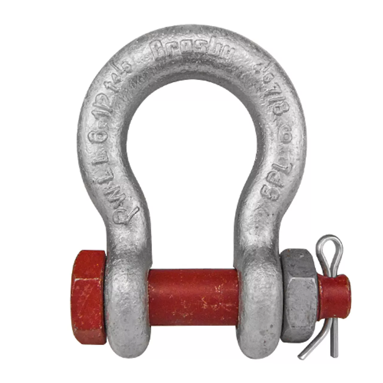 <p>U-shaped forged metal connector with a removable pin or bolt across the open end, used to secure chains, cables, or implements for pulling and lifting.</p>