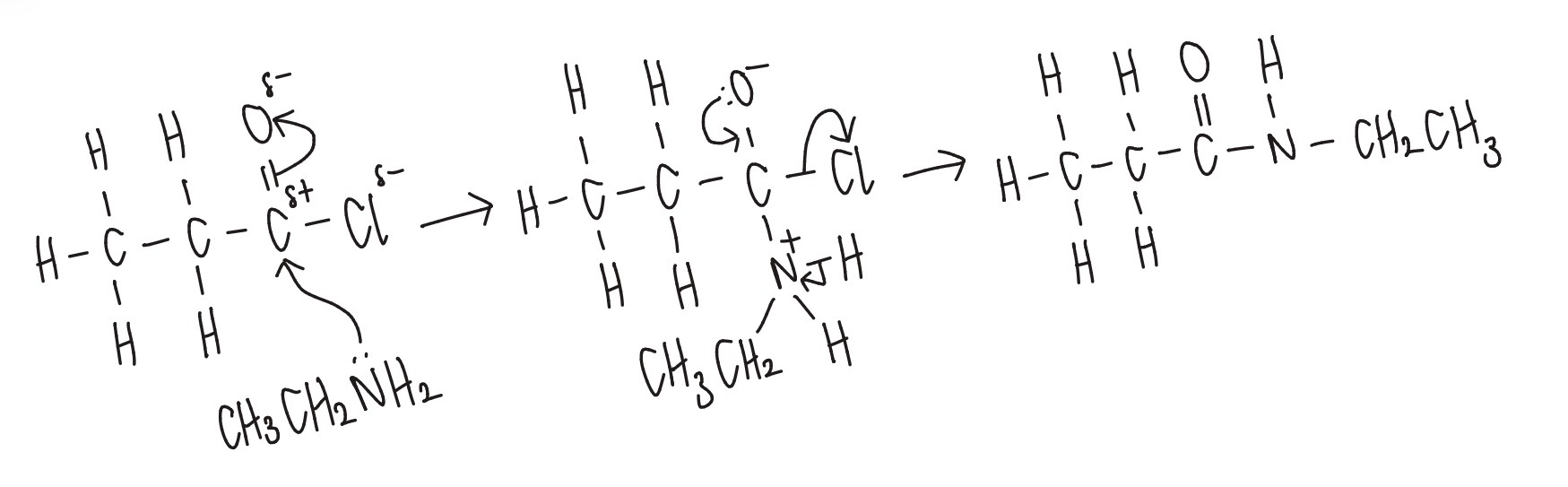 <ul><li><p><strong>Nucleophilic addition-elimination</strong></p></li><li><p><strong>Reagent: </strong>amine</p></li><li><p><strong>Conditions: </strong>anhydrous </p></li></ul><p></p>