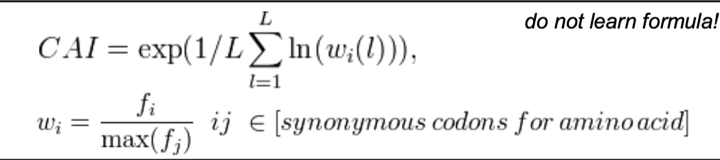 <ul><li><p>CAI is a method for analyzing codon usage bias</p></li><li><p>CAI measures the deviation of a given protein coding gene sequence w/ respect to the codon usage bias in the genome</p></li><li><p>CAI can be used to predict expression level of a protein based on its DNA sequence (especially in fast growing organism like the yeast <em>S. cerivisaie</em>)</p></li><li><p>the codons used in highly abundant proteins are more represented in the genome (~high CAI)</p></li><li><p>between 0 and 1</p></li></ul><p></p>