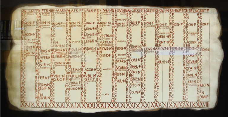 <p>Our only surviving example of a pre-Julian Roman calendar. The month of Quintilis would become the month of July and the month of Sextilis would become the month of August. Caesar also went on to make it purely solar-based and removed the variable intercalary month.</p>