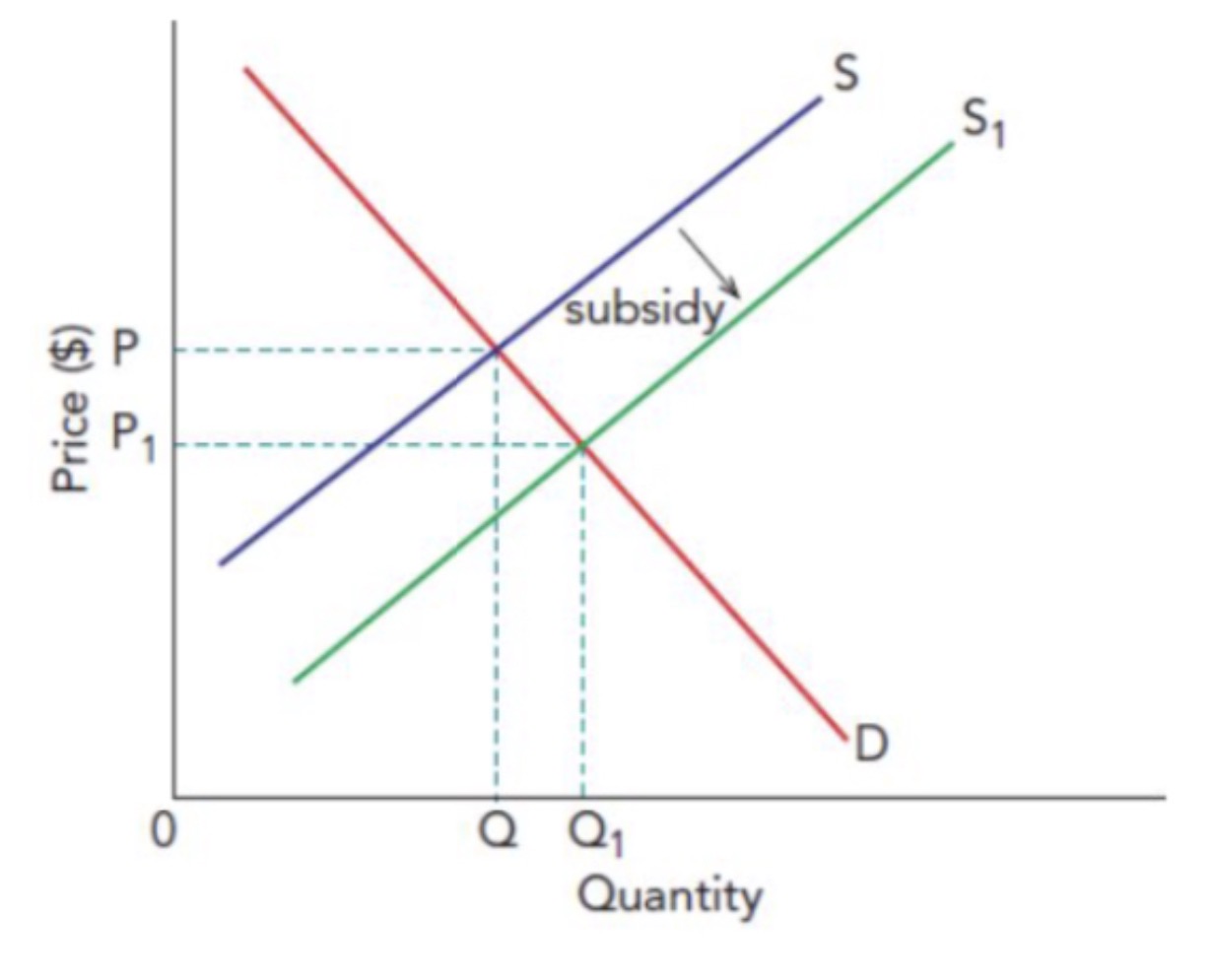 <p><span>a direct payment made by the government to producers of goods and services</span></p><ul><li><p><strong><span>Reasons</span></strong><span> for subsidies include:</span></p><ul><li><p><span>To keep down market price of essential goods e.g. bread</span></p></li><li><p><span>To encourage greater consumption of merit goods e.g. education</span></p></li><li><p><span>To contribute to a more equitable distribution of income</span></p></li><li><p><span>To provide services that would not be provided by the free market e.g. postal services</span></p></li><li><p><span>To raise producers’ income, especially in the case of farmers</span></p></li><li><p><span>To provide an opportunity for exporters to sell more goods</span></p></li><li><p><span>To reduce dependence on imports by paying subsidies to domestic producers of close substitutes</span></p></li></ul></li></ul><p></p>