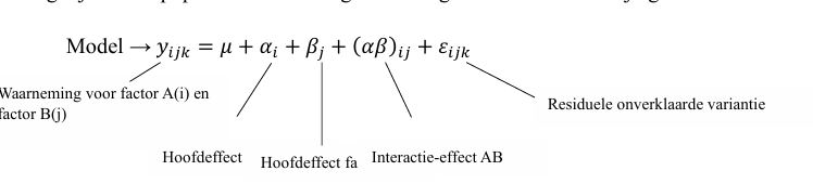 <p>Yijk: waaneming voor deelnemer k in cel (i ,j ) </p><p>= µ +hoofeffect factor A op niveau i, +hoofdeffect factor B op niveau j+ interactie effect a x b + residue. </p><p></p><p></p>