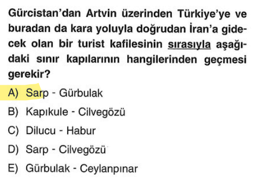 <p>Gürcistan sınırındaki en işlek kapımız <strong>Sarp</strong> (Artvin), İran sınırındaki en işlek kapımız ise <strong>Gürbulak</strong> (Ağrı).</p>