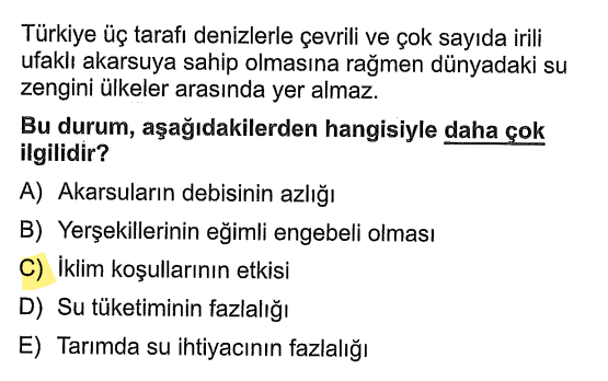 <p>Türkiye yarı kurak bir iklimdedir. Yağış rejimi düzensizdir ve buharlaşma fazladır. Akarsuyumuz çok ama suyumuz kıymetlidir.</p>