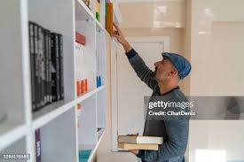<p>The man is shelving some books.</p>