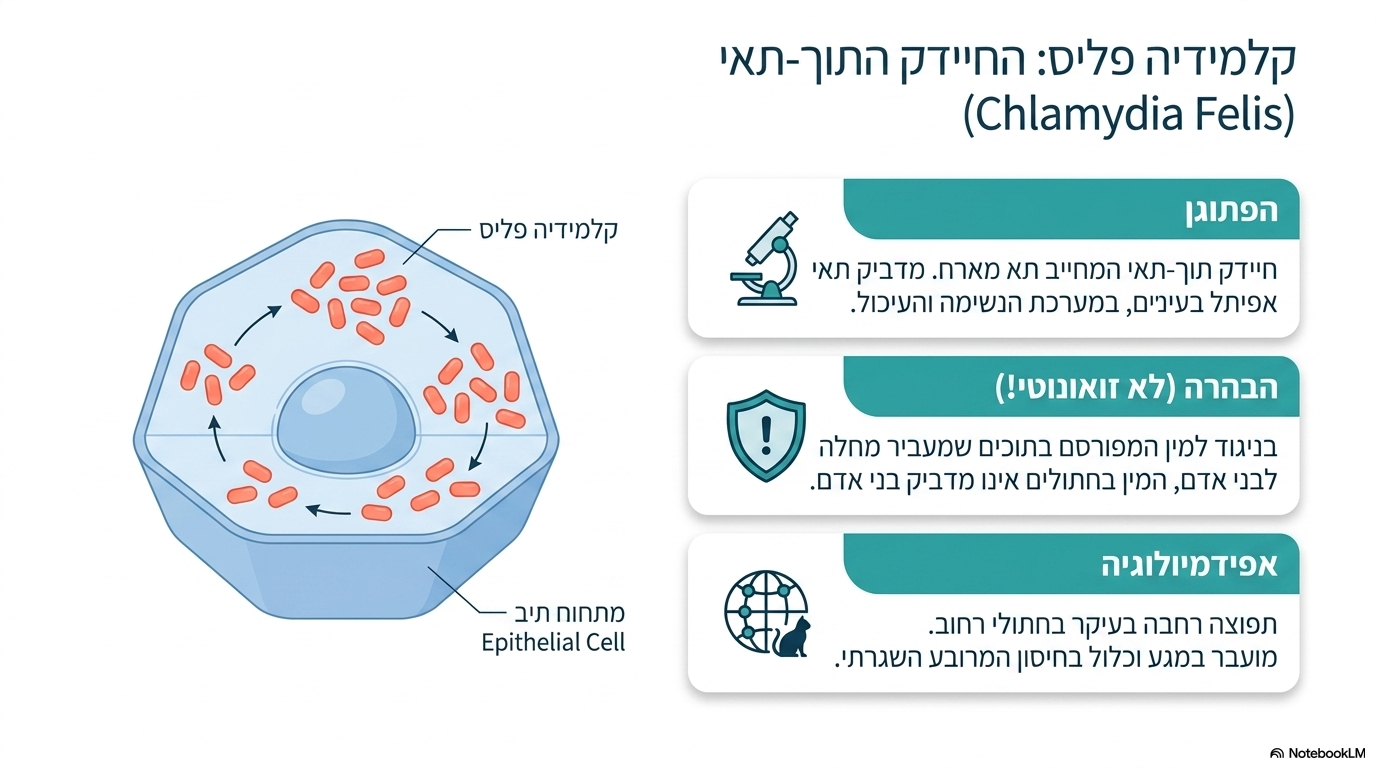 <ul><li><p><strong>הפתוגן:</strong> חיידק תוך-תאי ייחודי.</p></li><li><p><strong>המין הספציפי בחתולים:</strong> החיידק נקרא </p></li><li><p><strong>הבדל זואונוטי (אינו זואונוטי):</strong> בשונה מהמין המפורסם (הגורם למחלת ה"דררת" ועובר מתוכים לבני אדם), החיידק הספציפי של החתול <strong>אינו זואונוטי</strong> ואינו מדביק בני אדם.</p></li><li><p><strong>מניעה:</strong> החיידק מהווה חלק מקומפלקס מחלות הנשימה ונכלל כמרכיב בתוך ה<strong>חיסון המרובע</strong> לחתולים.</p></li><li><p><strong>אפידמיולוגיה והעברה:</strong> מועבר דרך <strong>מגע ישיר</strong> ובעל תפוצה רחבה מאוד בחתולי רחוב. הוא מדביק תאי אפיתל בעיניים, בנשימה, בעיכול ובמערכת המין.</p></li></ul><p></p>