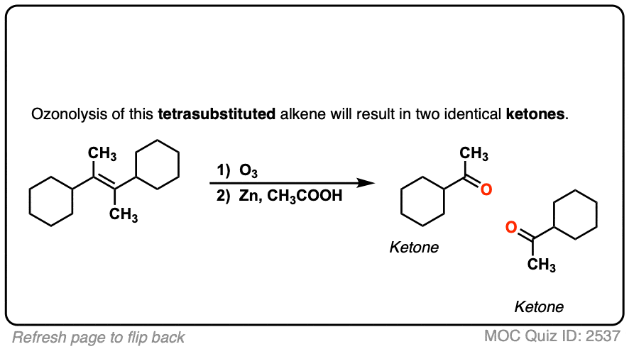 <p>Ozonide intermediate → Aldehydes/Ketones using (CH₃)₂S (DMS). DMS reduces ozonide; DMS oxidized to DMSO.</p>
