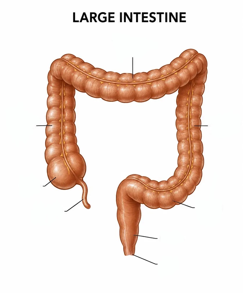 <p>name the structures in the large intestine</p>