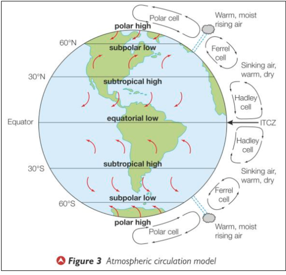 <ul><li><p><span style="background-color: transparent;">The driving force behind cloud formation and precipitation is the global atmospheric circulation model (Figure 3).</span></p></li><li><p><span style="background-color: transparent;">Simplified to suggest the presence of three interconnected cells, the atmospheric circulation model identifies latitudinal zones of rising and falling air.&nbsp;</span></p></li><li><p><span style="background-color: transparent;">At the Equator, for example, high temperatures result in high rates of evaporation.&nbsp;</span></p></li><li><p><span style="background-color: transparent;">The warm moist air rises, cools and condenses to form towering banks of cloud and heavy rainfall in a <strong>low pressure zone </strong>called the <strong>ITCZ (Inter-Tropical Convergence Zone).&nbsp;</strong></span></p></li><li><p><span style="background-color: transparent;">In the mid latitudes, cloud formation is mostly driven by the convergence of warm air from the Tropics and cold air from the Arctic.&nbsp;</span></p></li><li><p><span style="background-color: transparent;">Strong upper-level winds (the <strong>jet stream</strong>) drive these unstable weather systems across the mid latitudes.</span></p></li></ul><p></p>