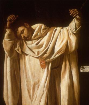 <p>Francisco de Zurbarán 1628 </p><p>-The painting shows a dead Saint Serapion tied to a cross as a martyr </p><p>-Saint Serapion was a martyred monk the paining emphasizes sacrifice and devotion and spiritual peace in death</p><p>-extreme Chiaroscuro</p>