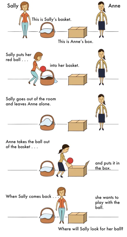 <p><span style="background-color: transparent;">Sally har en bold i kurven, hun forlader rummet. Anne tager bolden og lægger den i en kasse i stedet. Sally kommer tilbage.</span></p><p><span style="background-color: transparent;">Hvor er bolden?</span></p><p><span style="background-color: transparent;">Altså skal man kunne forstå at Sally ikke har adgang til de samme informationer som man selv har.</span></p>
