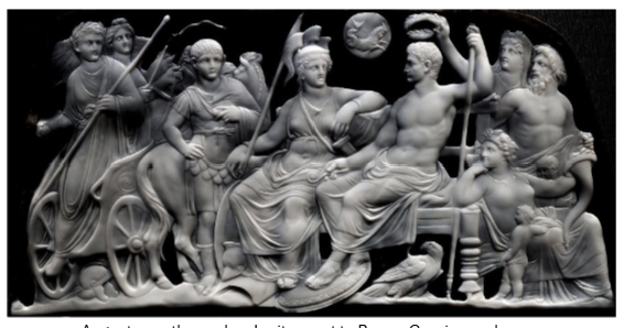 <p>Augustus enthroned as Jupiter next to Rome, Capricorn above.</p><p>Tiberius steps down from chariot to succeed him as emperor</p><p></p>