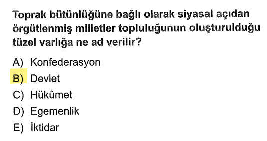 <p>Belli bir toprak üzerinde yaşayan insanların bir yönetim altında birleşerek kurduğu en büyük topluluğa devlet denir.</p>