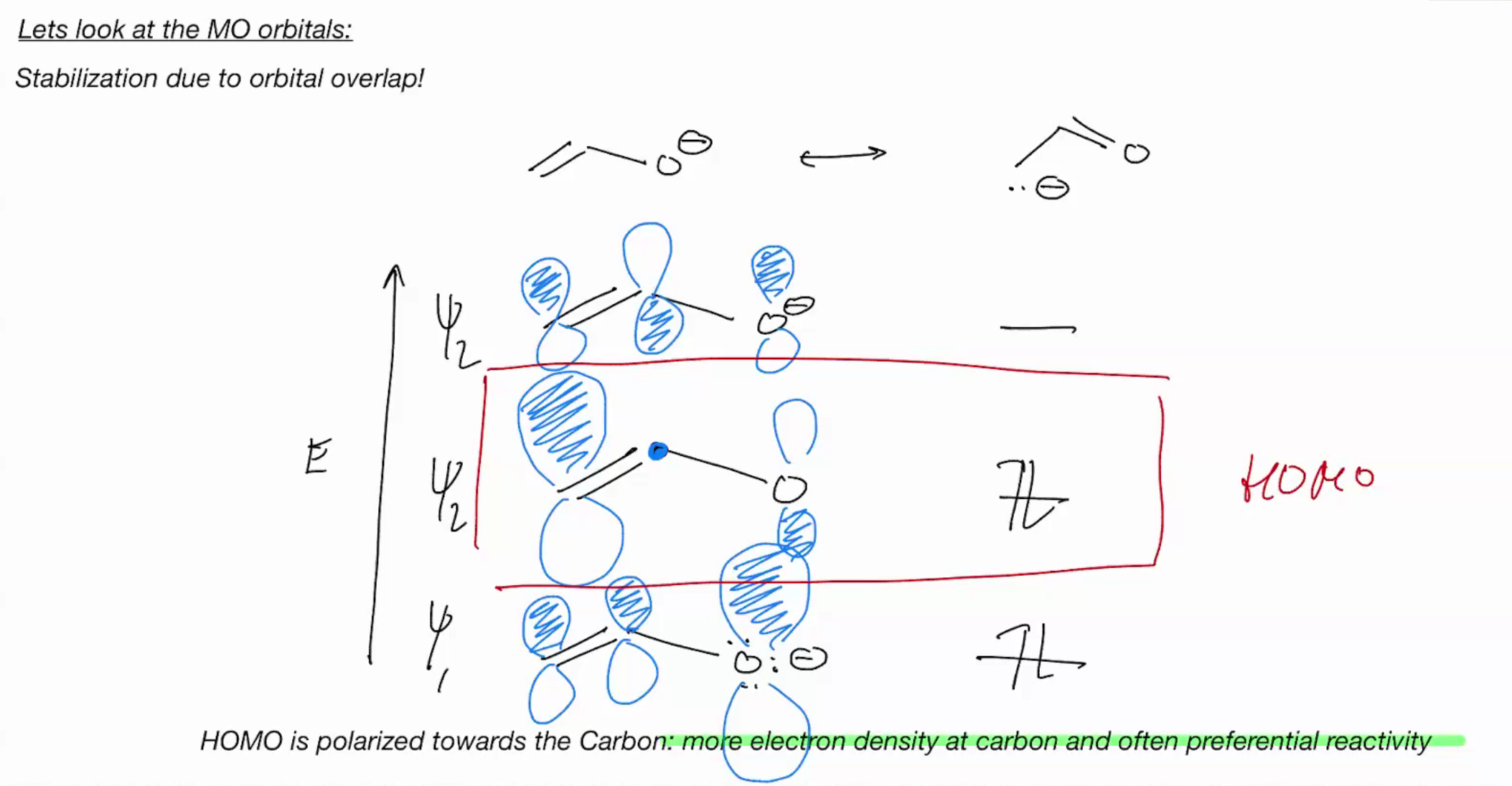 <p>it will react at carbon because it more electron dense (what will though?)</p>