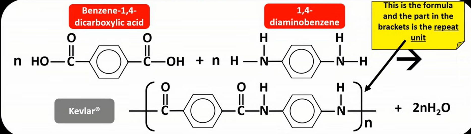 <ul><li><p>made from benzene -1,4- dicarboxylic acid 1,4-diaminobenzene</p></li><li><p>is a polyamide with an amide link/bond</p></li><li><p>used for bulletproof vests, car tyres - lightweight but very strong</p></li></ul><p></p>
