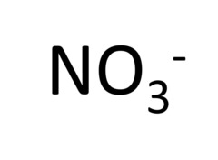 <p>A negatively charged ion with the formula NO3^-.</p>