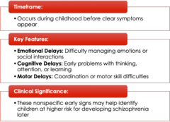 <p>-before clear symptoms appear</p><p>-emotional, cognitive, and motor delays</p><p>*nonspecific early signs that may help ID children @ higher risk</p>