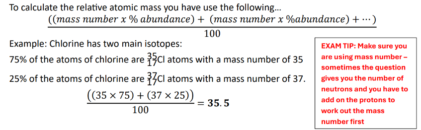 <p>((mass number x %) + (mass number x %)) / 100</p>