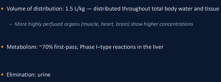 <ul><li><p><span style="background-color: transparent; font-family: "Times New Roman", serif;"><strong>Absorption:</strong> Can be topical, infiltration (injection), or nerve blocks. Epinephrine is often added to cause <strong>vasoconstriction</strong>, which keeps lidocaine at the site longer and reduces systemic toxicity.</span></p></li><li><p><span style="background-color: transparent; font-family: "Times New Roman", serif;"><strong>Distribution:</strong> Vd is ~1.5 L/kg (~50 L total), meaning it spreads through total body water.</span></p></li><li><p><span style="background-color: transparent; font-family: "Times New Roman", serif;"><strong>Metabolism:</strong> 70% <strong>first-pass</strong> in the liver (Phase I) 30% reaches systemic circulation unchanged from first pass</span></p></li></ul><p>→ <strong>first-pass metabolism </strong>mainly matters when a drug is absorbed from the GI tract and travels through the portal vein to the liver. Lidocaine used by injection, nerve block, or topically does not undergo that same initial GI → portal vein first pass.</p><ul><li><p><span style="background-color: transparent; font-family: "Times New Roman", serif;"><strong>Excretion:</strong> Via the <strong>kidneys (urine)</strong>.</span></p></li></ul><p></p>