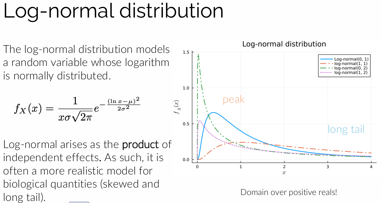 <p>Een distributie voor positieve reële getallen met een lange staart is de log-normale verdeling. Deze verdeling heeft een piek maar ook een lange staart naar rechts. Ze is geschikt om processen te modelleren die ontstaan uit multiplicatieve effecten. Een voorbeeld is de grootte van deeltjes of inkomensverdelingen. Hierbij komen soms zeer grote waarden voor, wat goed door de lange staart wordt beschreven.</p>