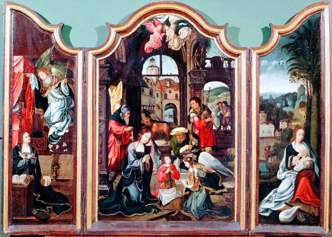 <p>3 panel piece alter piece, (i.e.)</p><ul><li><p>Adoration of Shepards</p></li></ul><p></p>