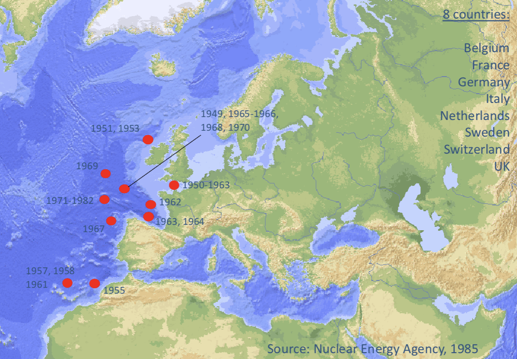 <p><u>Radioactive waste at sites in NE Atlantic </u></p><p>→ as <span style="color: red;">Radionuclides e.g. Americium-241</span>,<strong> taken up by benthic species like </strong><span><strong>Hermione (polychaete) and Cirolana (isopod</strong>) at varying rates</span></p><p><span>→ Chernobyl fallout found<strong> bioturbated into Norwegian Sea sediments</strong></span></p><p><span><strong>→ </strong>Traces of radioactive material from vertical profiles through the water column in the NE atlantic<strong> found at >1000m depths</strong></span></p>