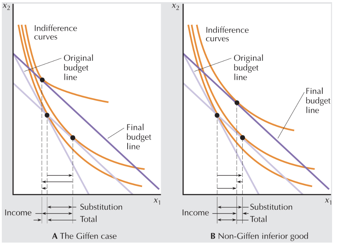 <p>sub and income effect for inferior good, one giffen, one not. </p>