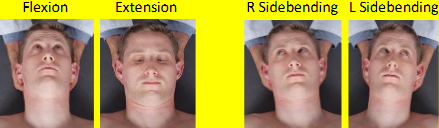 <ul><li><p>extension → pt. look up, relax, DO extend head to near barrier</p></li><li><p>flexion → pt. looks down</p></li><li><p>R. SB → look up + right</p></li><li><p>L. SB → look up + left</p></li></ul><p></p>